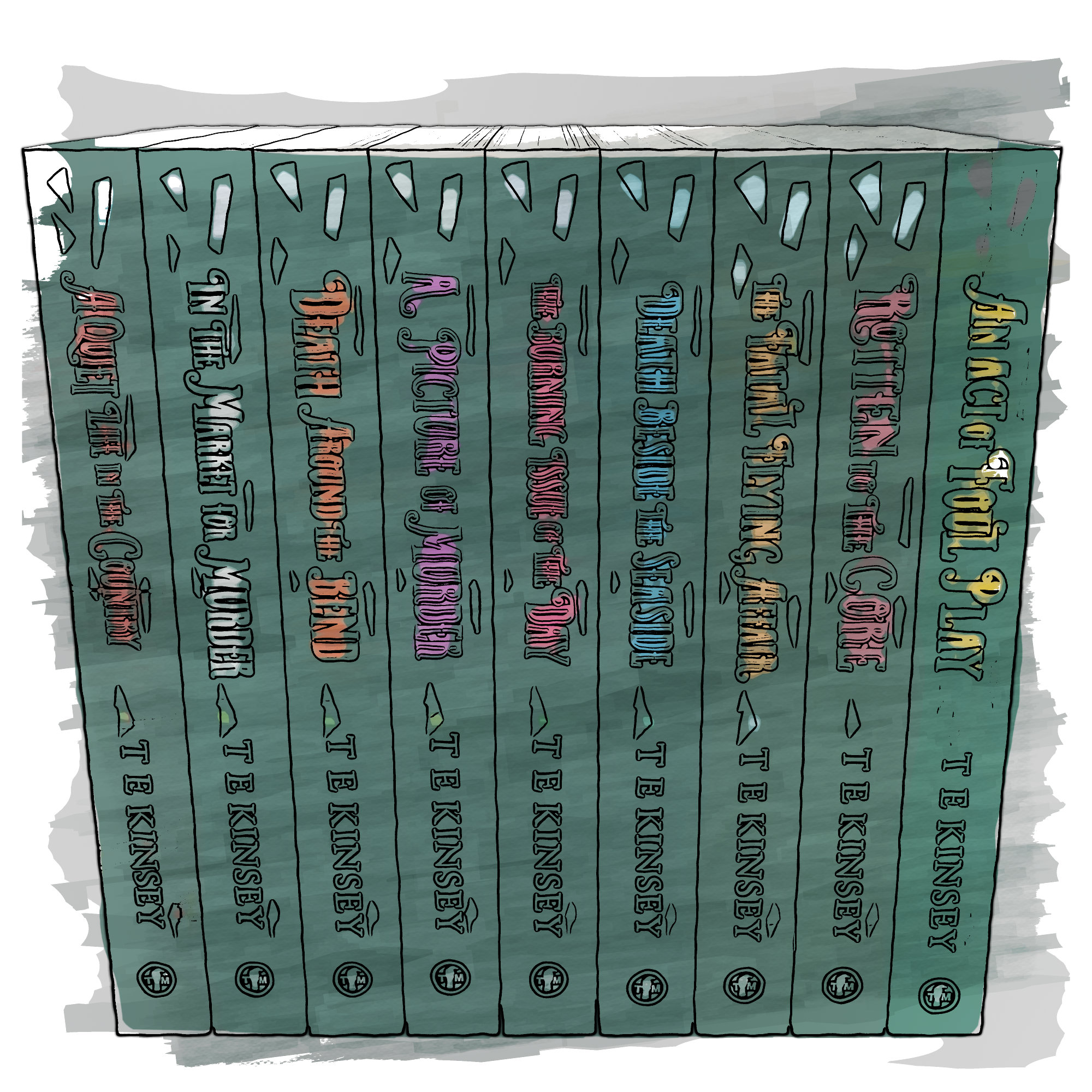 a sketch of a row of papaerback books
